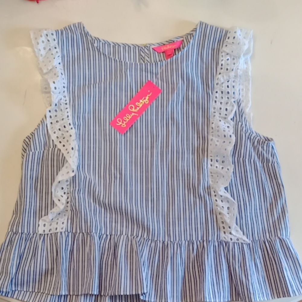 Lilly Pulitzer top XL blue white stripe lace